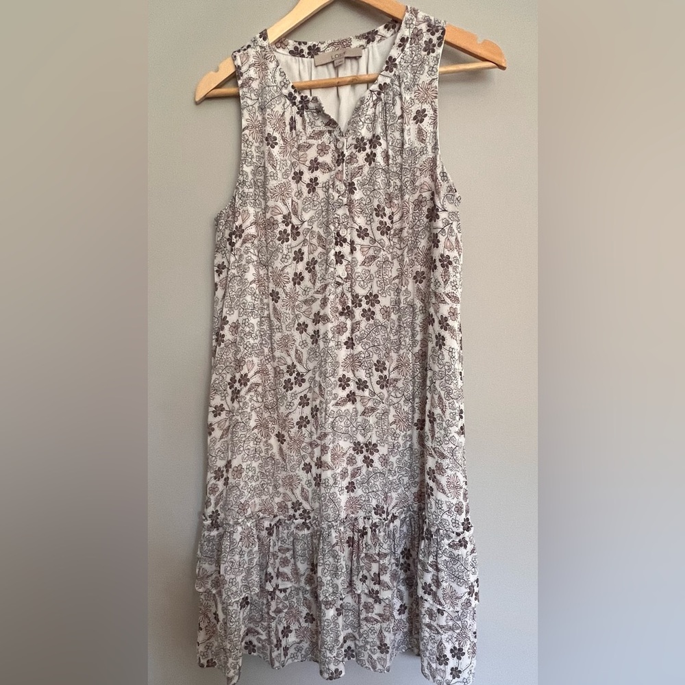 Loft sleeveless dress. White with pink blue and black floral pattern. Size M
